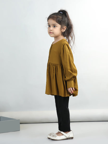Cotton Rayon Full Puffed Sleeves Solid Top & Leggings Set