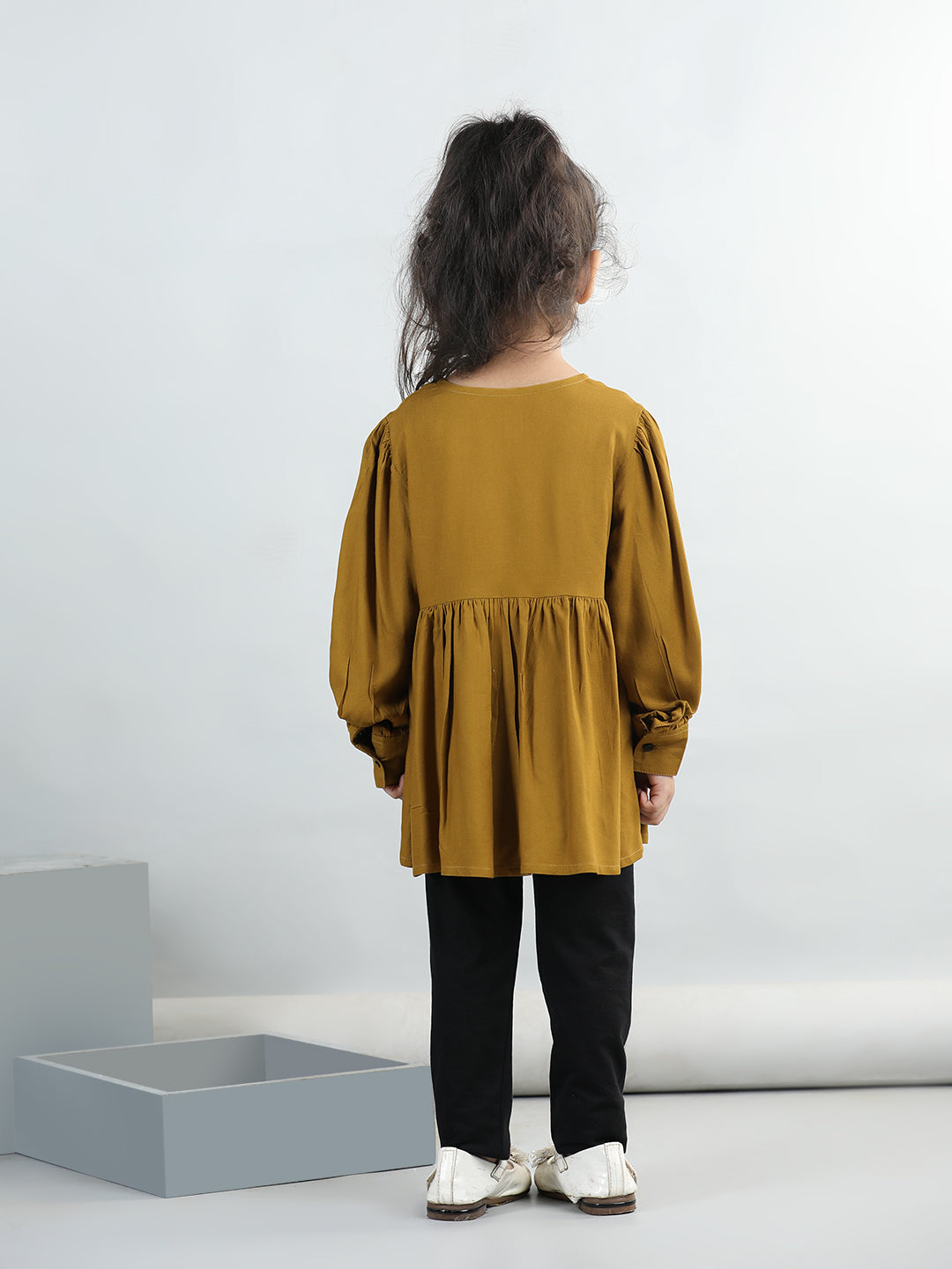Cotton Rayon Full Puffed Sleeves Solid Top & Leggings Set