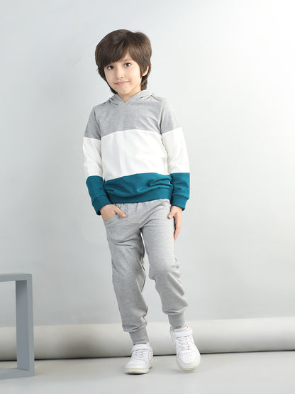 Cotton Looper Full Sleeves Colour Block Hooded Sweatshirt With Solid Joggers