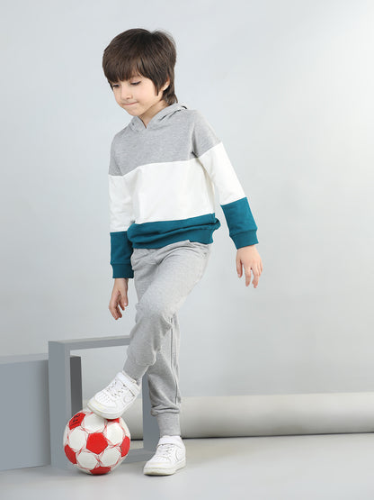 Cotton Looper Full Sleeves Colour Block Hooded Sweatshirt With Solid Joggers