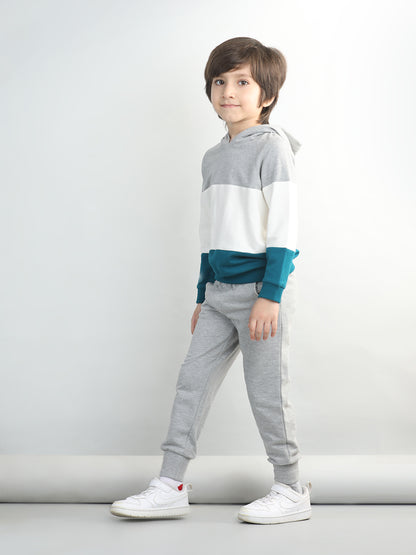 Cotton Looper Full Sleeves Colour Block Hooded Sweatshirt With Solid Joggers