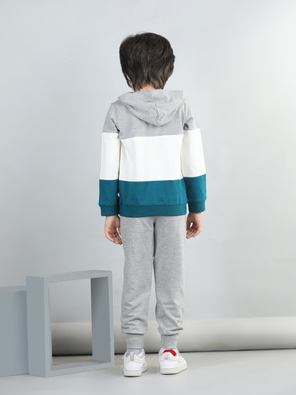 Cotton Looper Full Sleeves Colour Block Hooded Sweatshirt With Solid Joggers