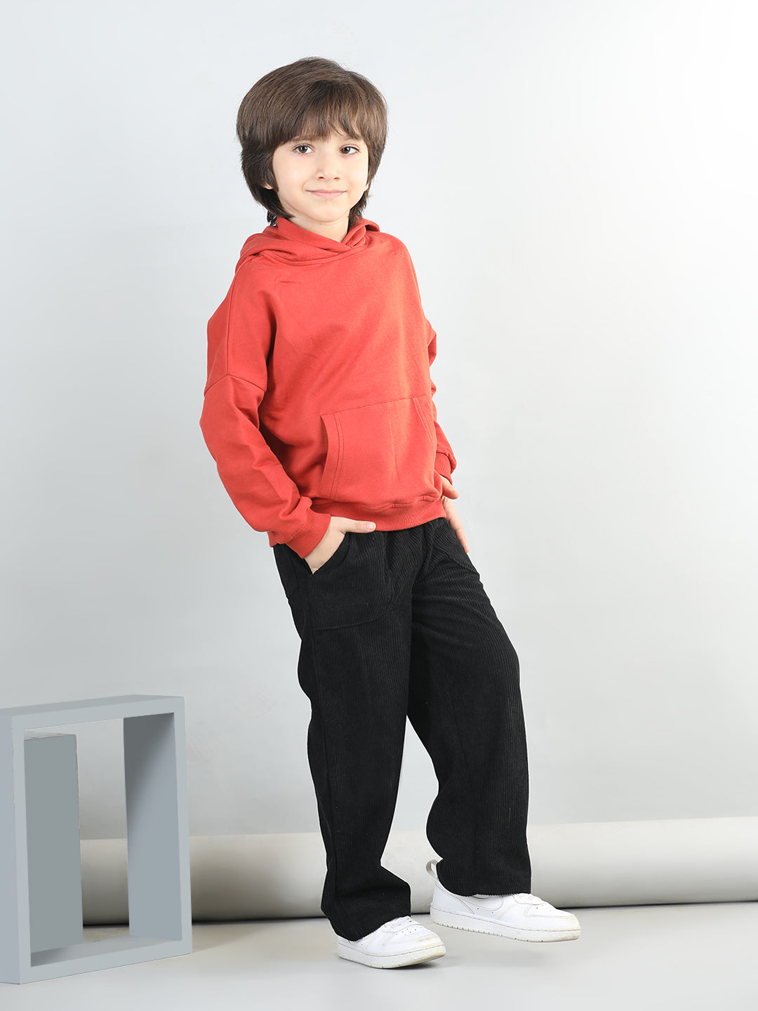 Cotton Looper Full Sleeves Solid Hooded Sweatshirt With Corduroy Trousers