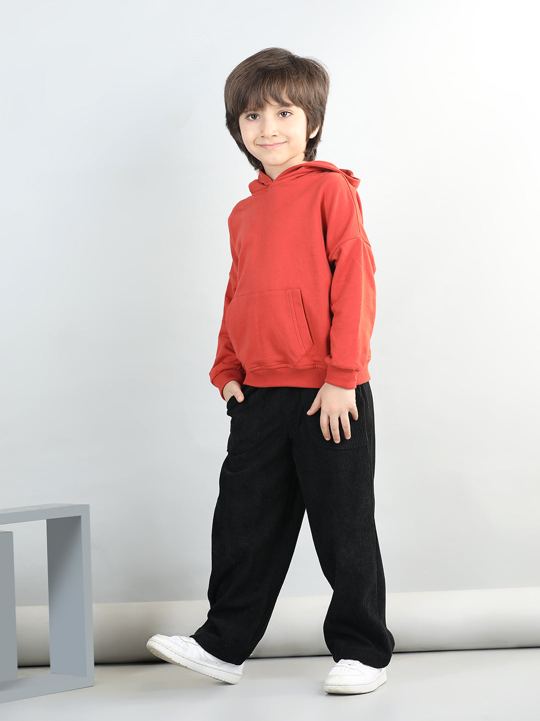 Cotton Looper Full Sleeves Solid Hooded Sweatshirt With Corduroy Trousers