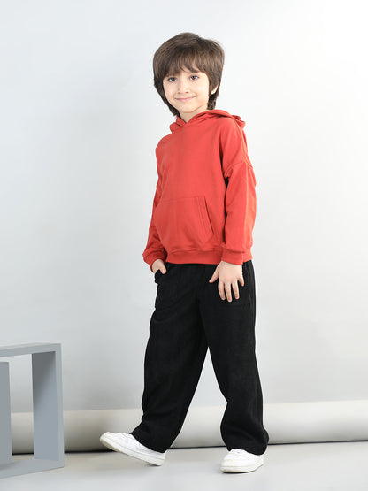 Cotton Looper Full Sleeves Solid Hooded Sweatshirt With Corduroy Trousers