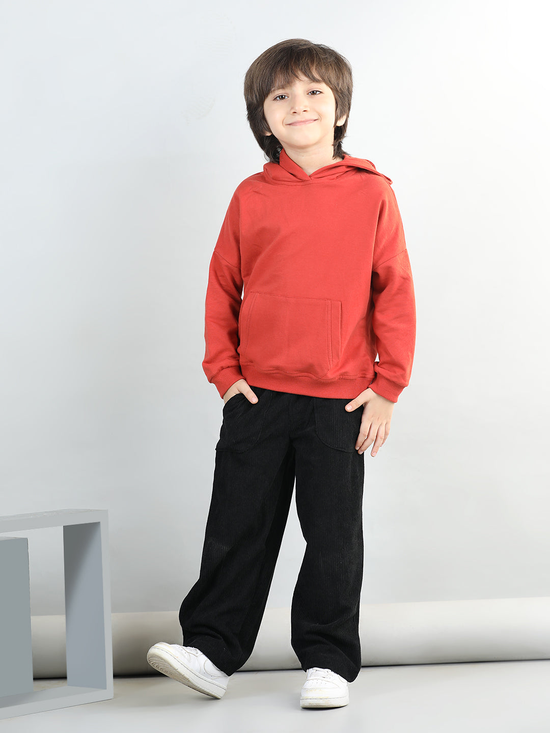 Cotton Looper Full Sleeves Solid Hooded Sweatshirt With Corduroy Trousers