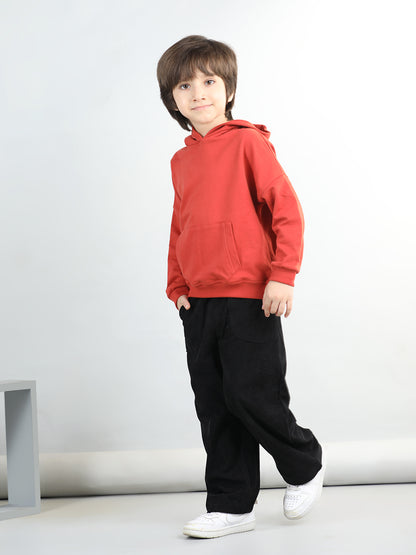 Cotton Looper Full Sleeves Solid Hooded Sweatshirt With Corduroy Trousers