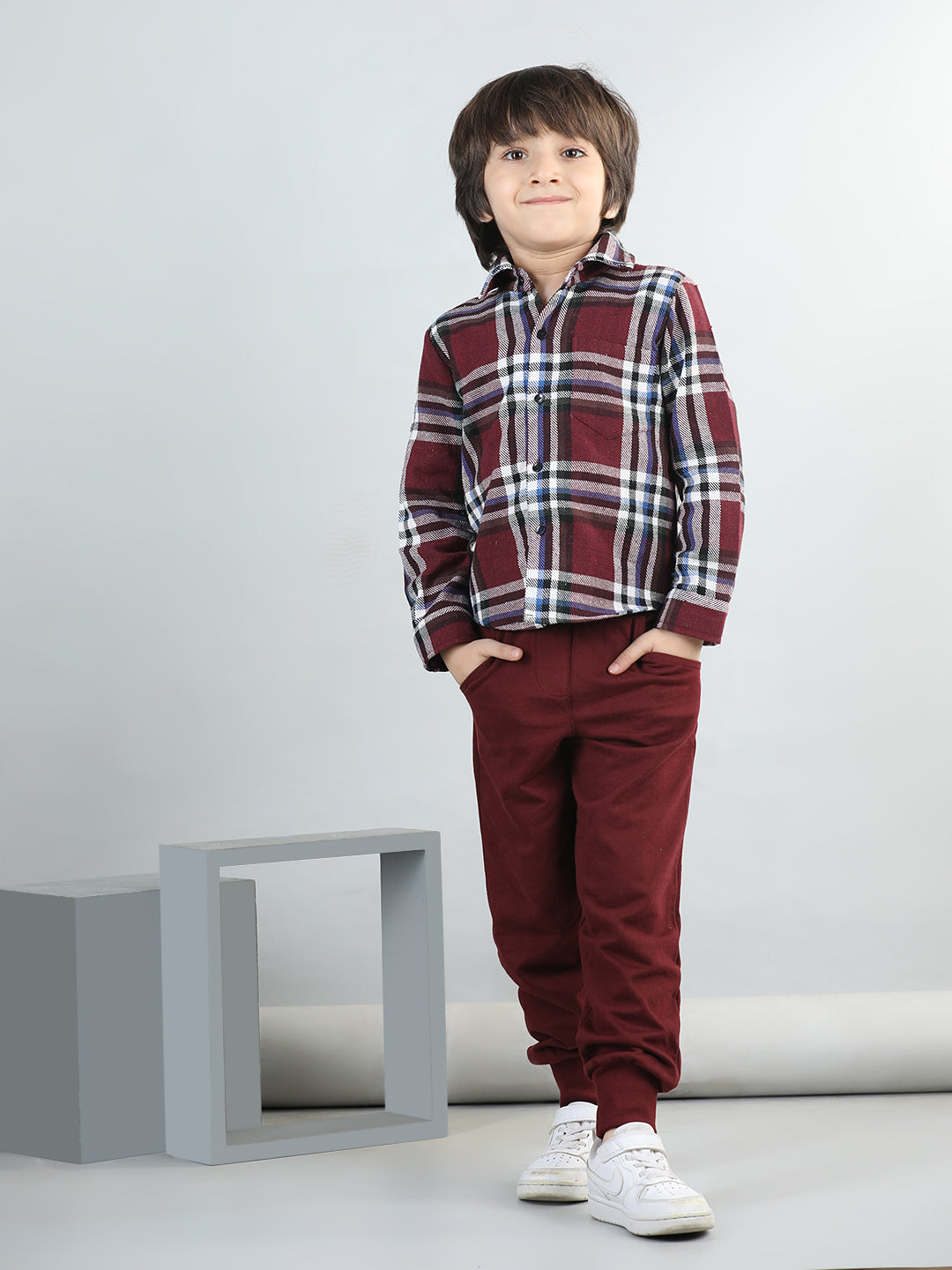 Woollen Blend Full Sleeves Checked Shirt With Solid Joggers