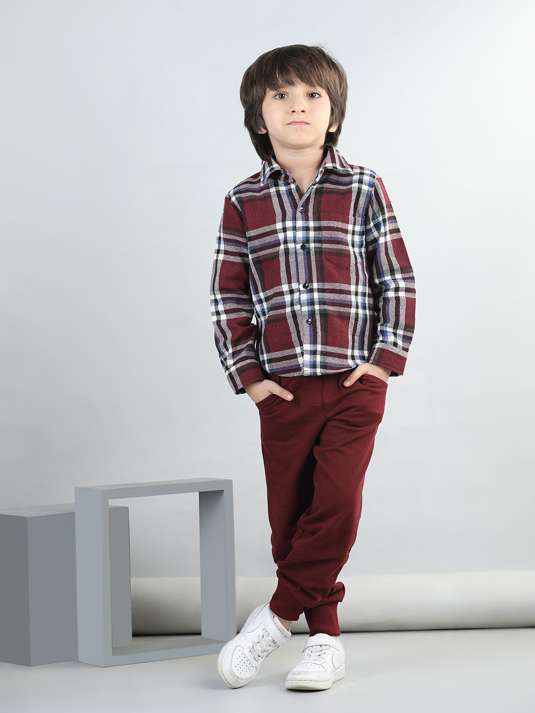 Woollen Blend Full Sleeves Checked Shirt With Solid Joggers
