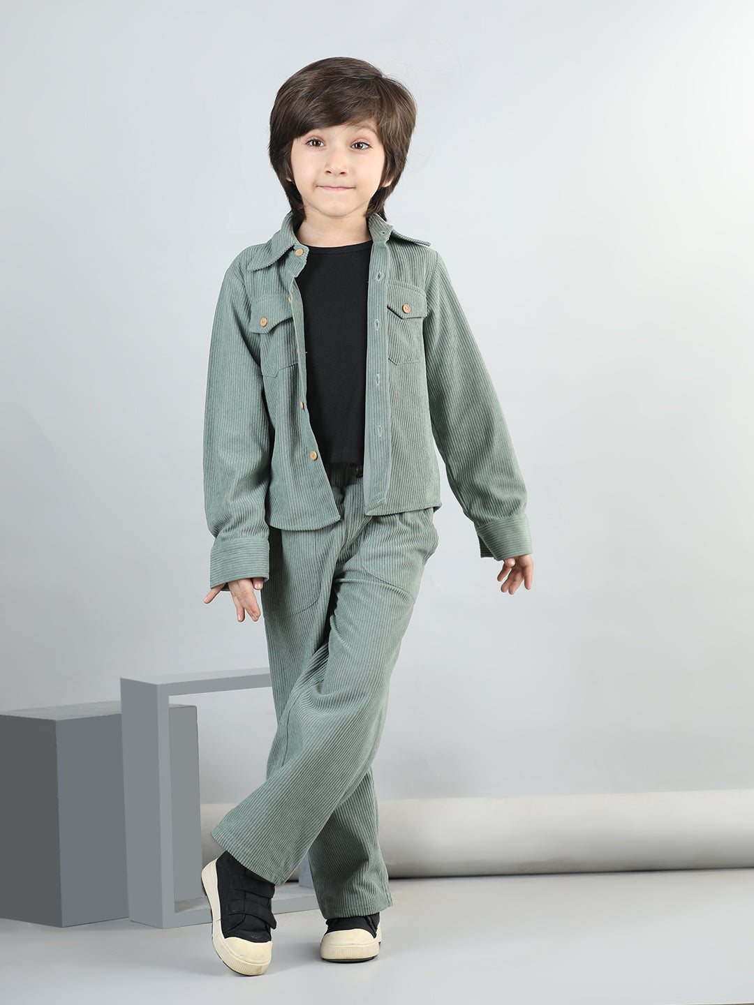 Cotton Full Sleeves Coordinating Corduroy Shirt & Solid Trousers With Solid Tee