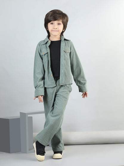 Cotton Full Sleeves Coordinating Corduroy Shirt & Solid Trousers With Solid Tee