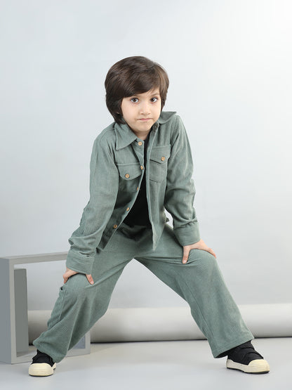 Cotton Full Sleeves Coordinating Corduroy Shirt & Solid Trousers With Solid Tee