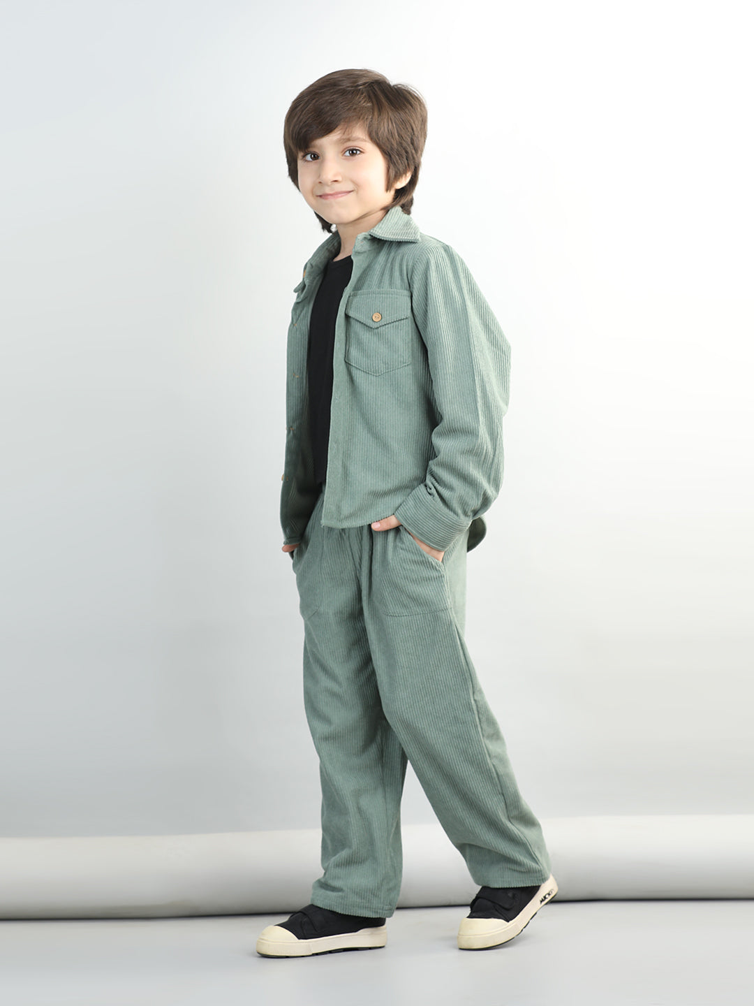 Cotton Full Sleeves Coordinating Corduroy Shirt & Solid Trousers With Solid Tee