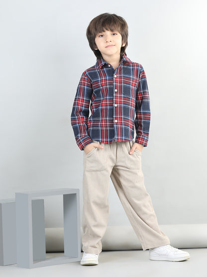Woollen Blend Full Sleeves Checked Shirt With Solid Corduroy Trousers