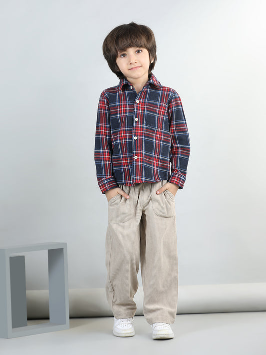 Woollen Blend Full Sleeves Checked Shirt With Solid Corduroy Trousers