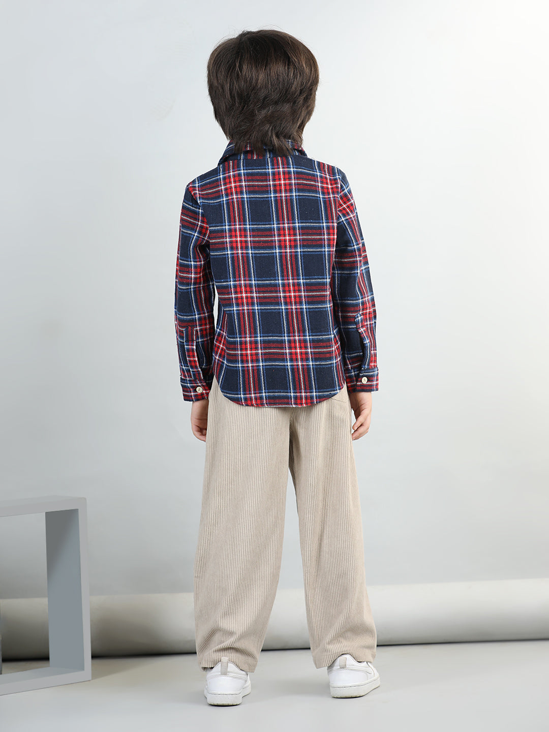 Woollen Blend Full Sleeves Checked Shirt With Solid Corduroy Trousers
