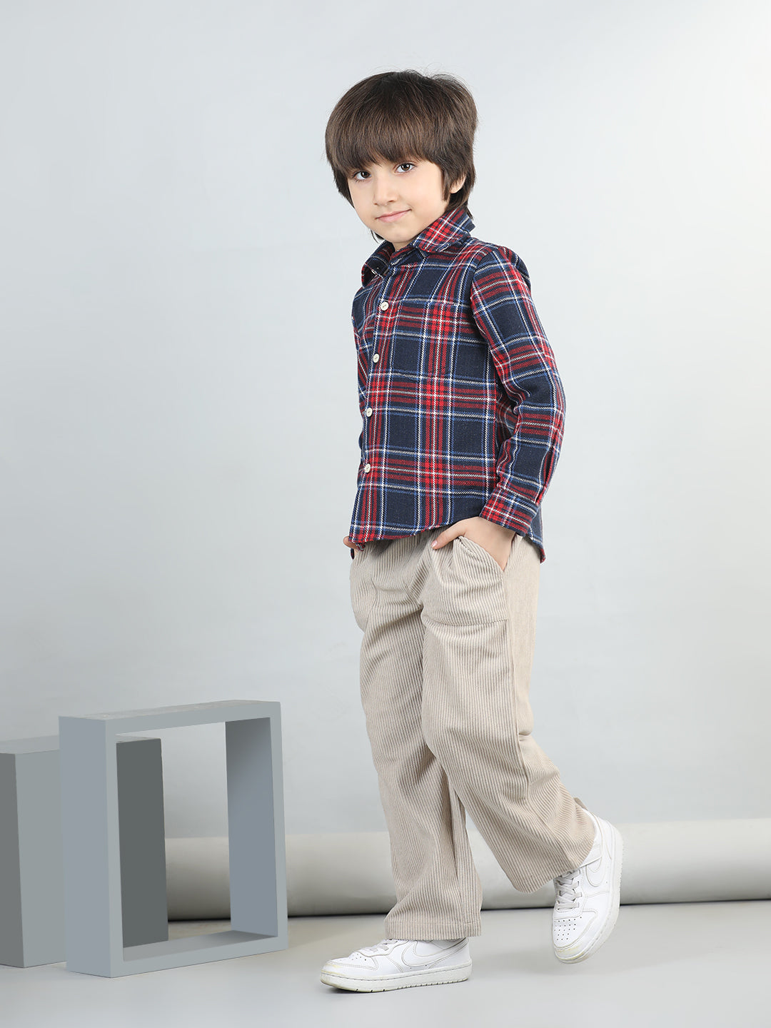 Woollen Blend Full Sleeves Checked Shirt With Solid Corduroy Trousers
