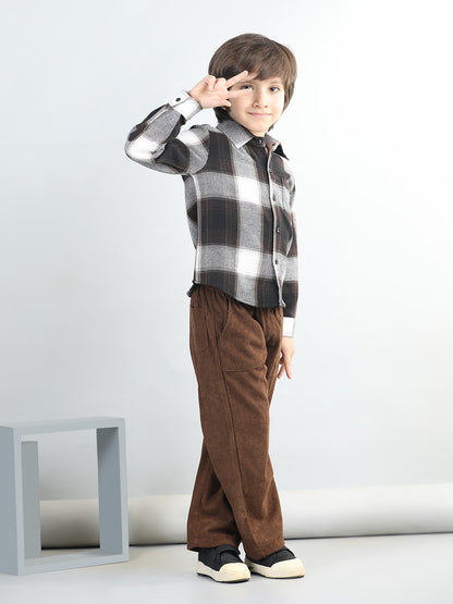 Woollen Blend Full Sleeves Checked Shirt With Solid Corduroy Trousers