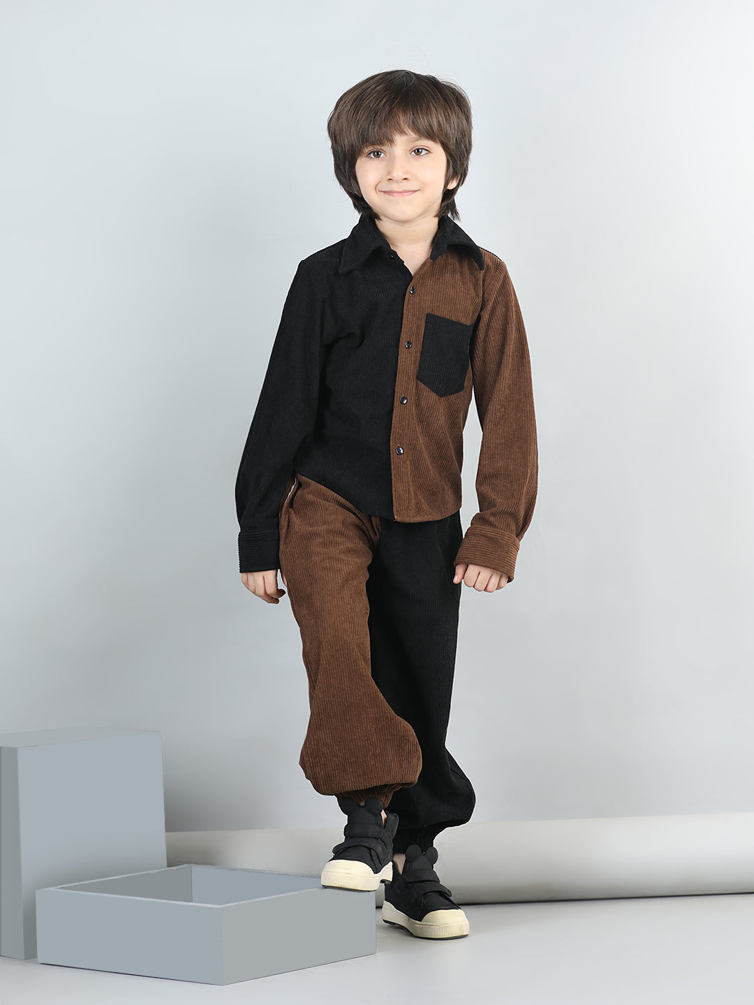 Cotton Full Sleeves Colour Block Coordinating Corduroy Shirt With Joggers
