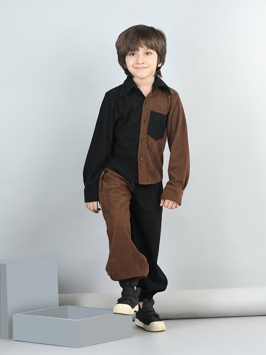 Cotton Full Sleeves Colour Block Coordinating Corduroy Shirt With Joggers