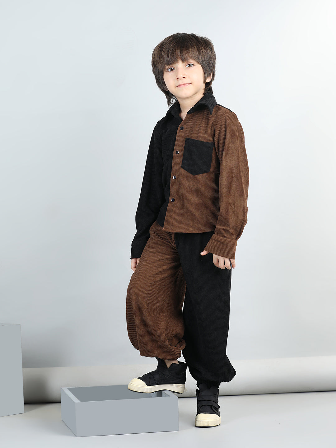 Cotton Full Sleeves Colour Block Coordinating Corduroy Shirt With Joggers