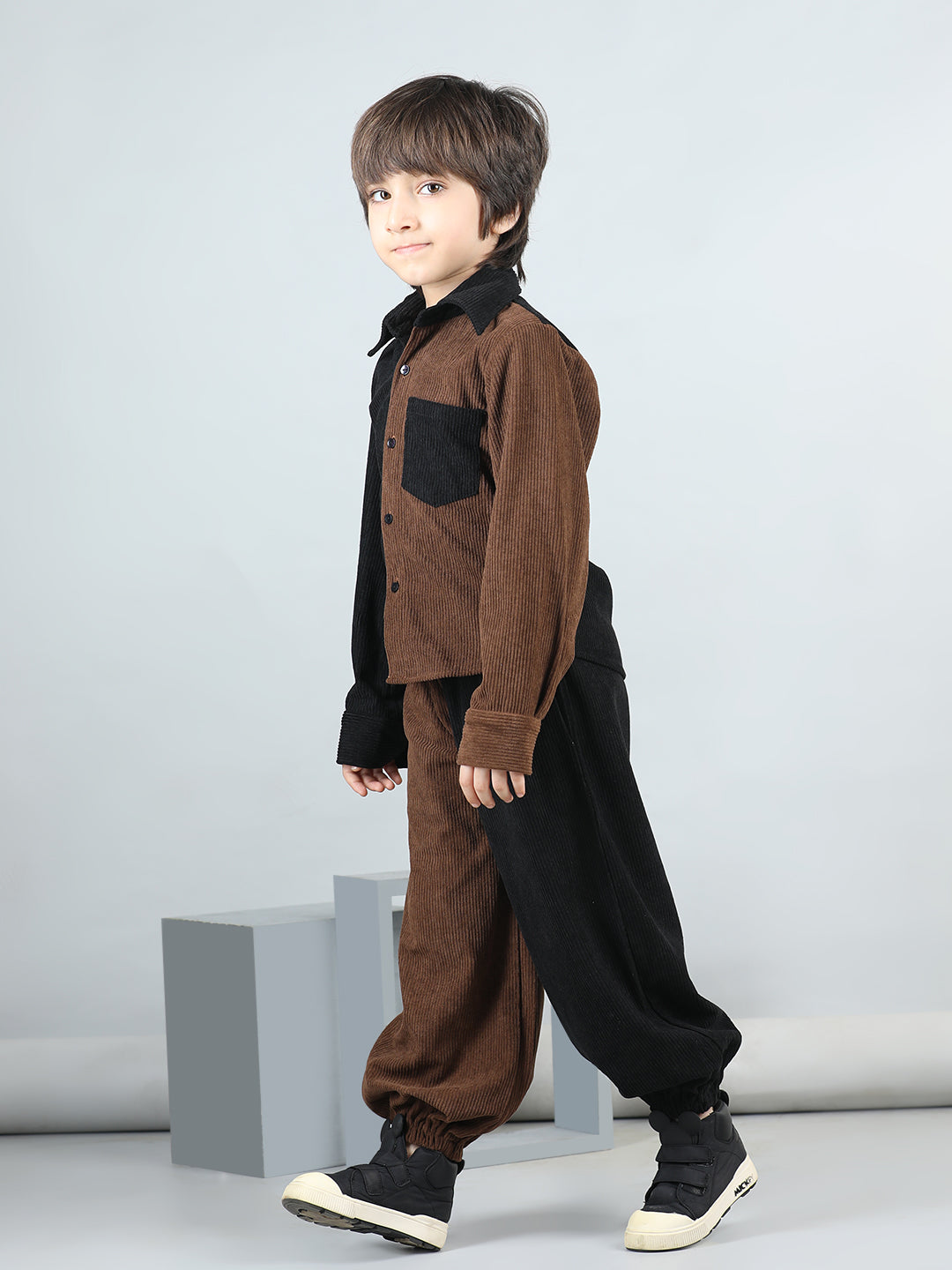 Cotton Full Sleeves Colour Block Coordinating Corduroy Shirt With Joggers