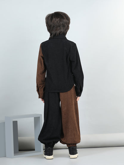 Cotton Full Sleeves Colour Block Coordinating Corduroy Shirt With Joggers