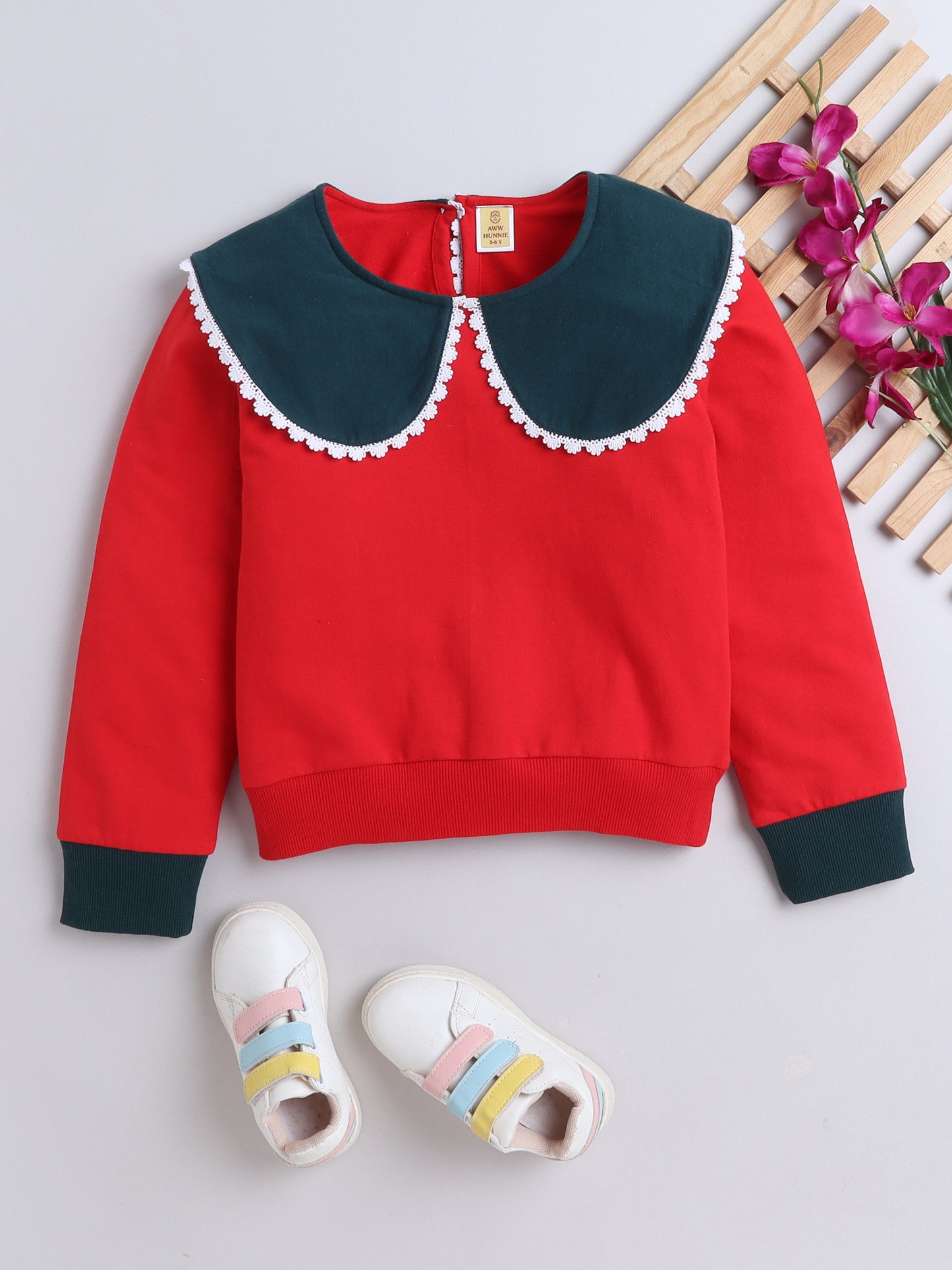 Cotton Terry Full Sleeves Colour Blocked Lace Embellished Sweatshirt