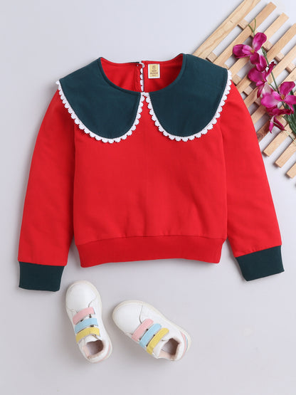 Cotton Terry Full Sleeves Colour Blocked Lace Embellished Sweatshirt