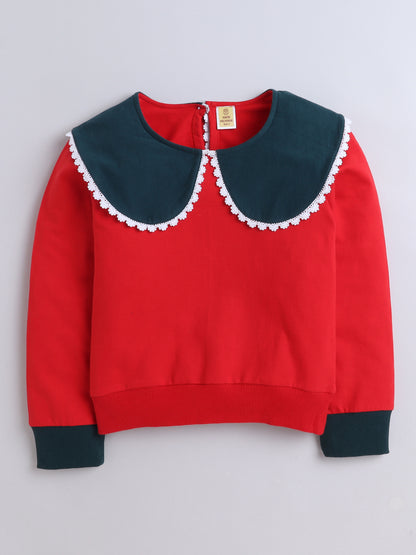 Cotton Terry Full Sleeves Colour Blocked Lace Embellished Sweatshirt