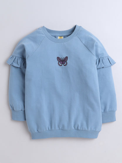 Full Sleeves Frill Detailed Butterfly Printed Sweatshirt