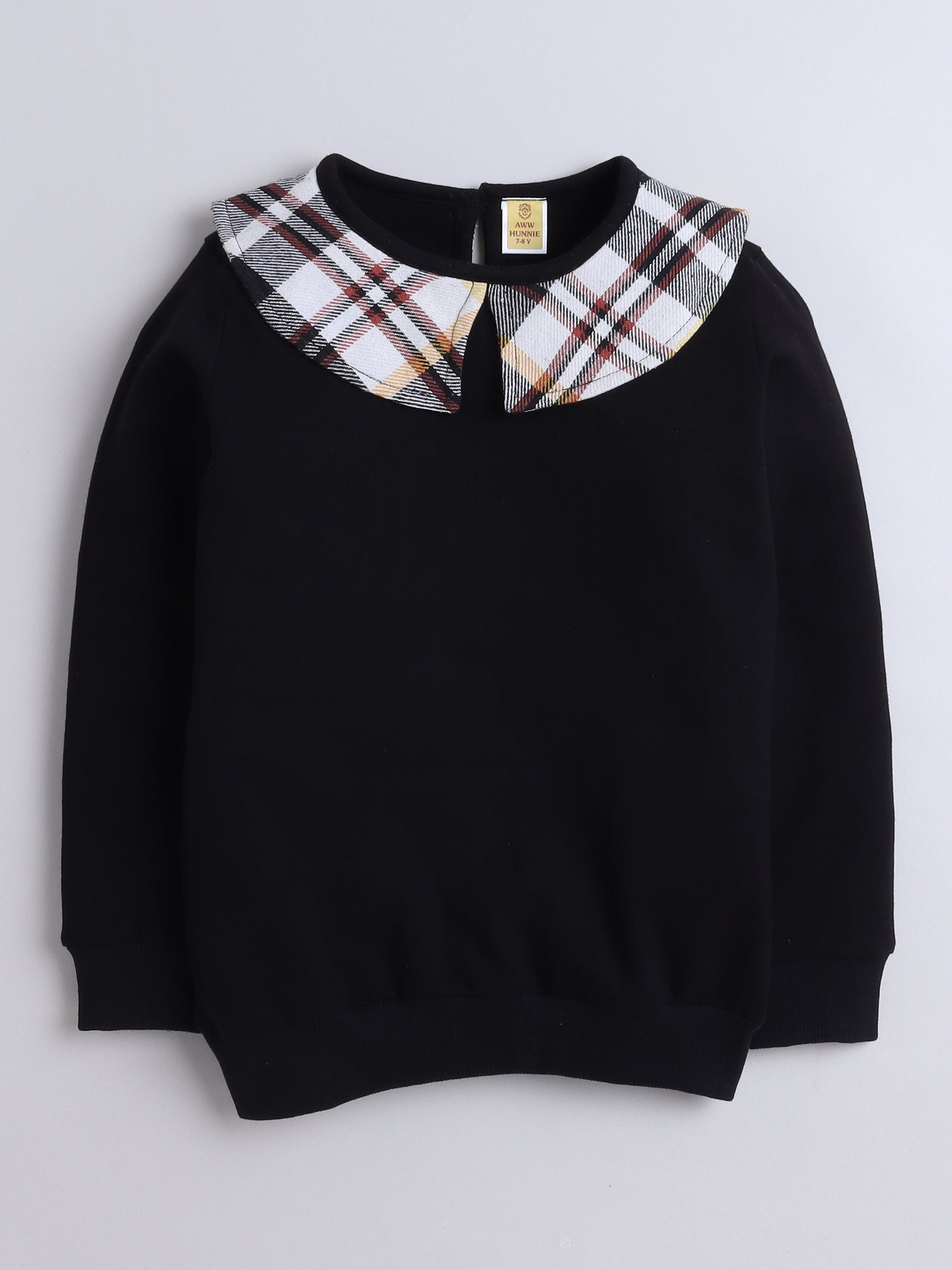 Cotton Terry Check Collar Sweatshirt-Black