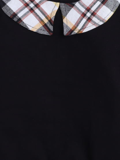 Cotton Terry Check Collar Sweatshirt-Black