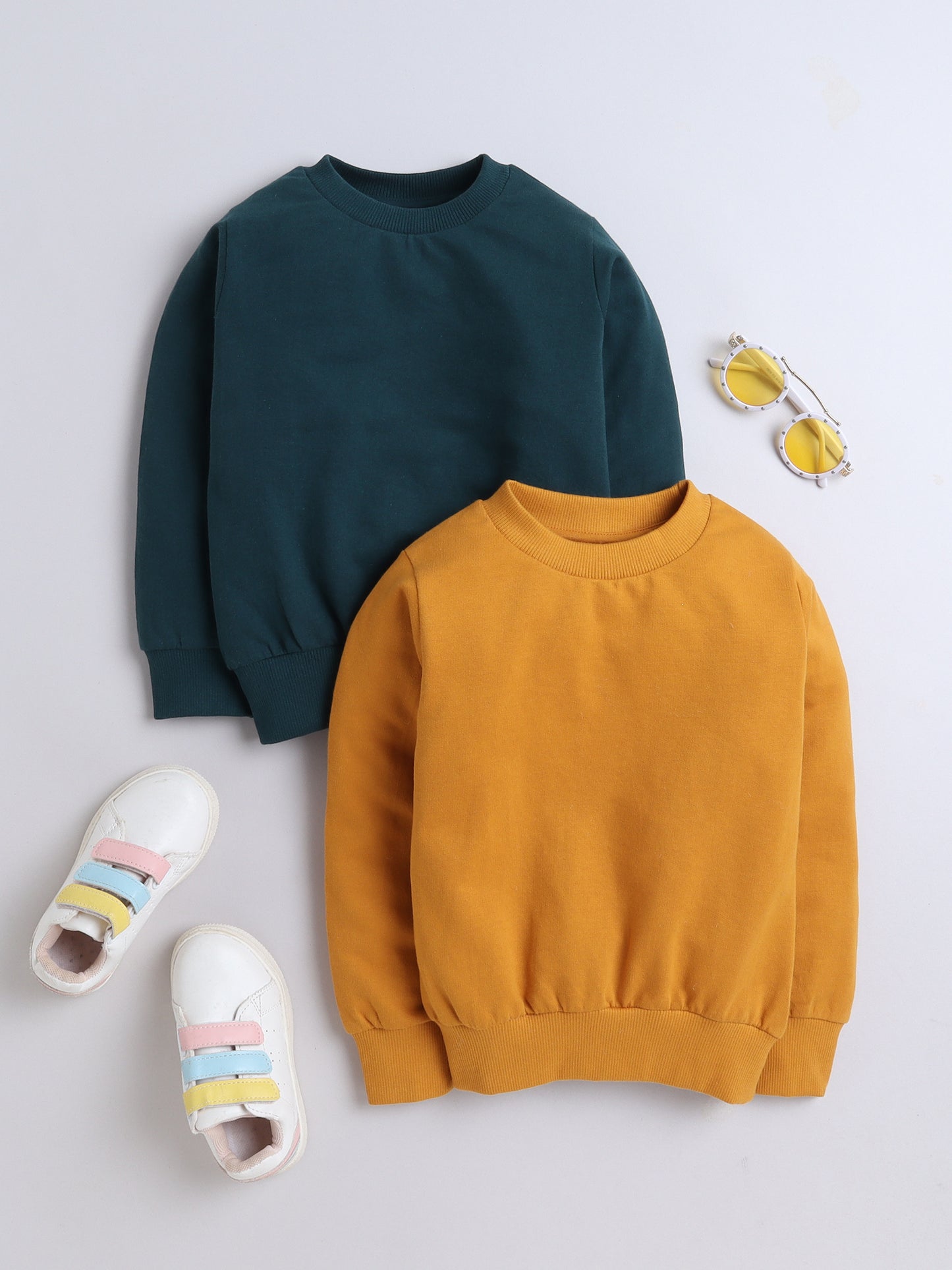 Pack Of 2 Cotton Terry Full Sleeves Solid Sweatshirts- Mustard & Green