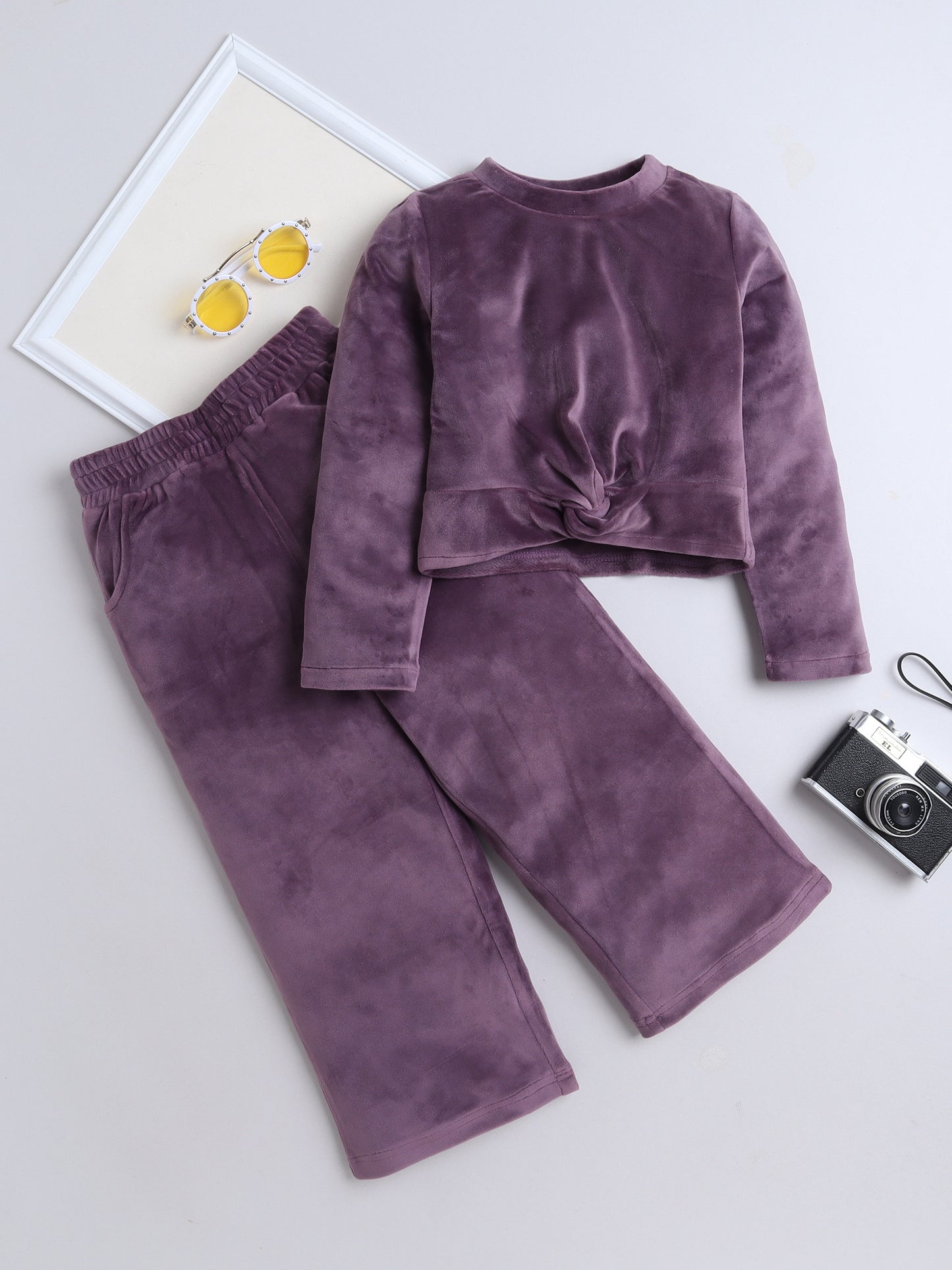 Velvet Full Sleeves Solid Crop Top & Pajama Set - Purple