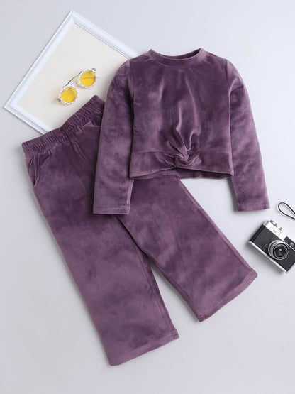 Velvet Full Sleeves Solid Crop Top & Pajama Set - Purple