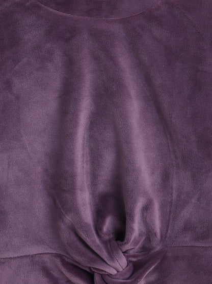 Velvet Full Sleeves Solid Crop Top & Pajama Set - Purple