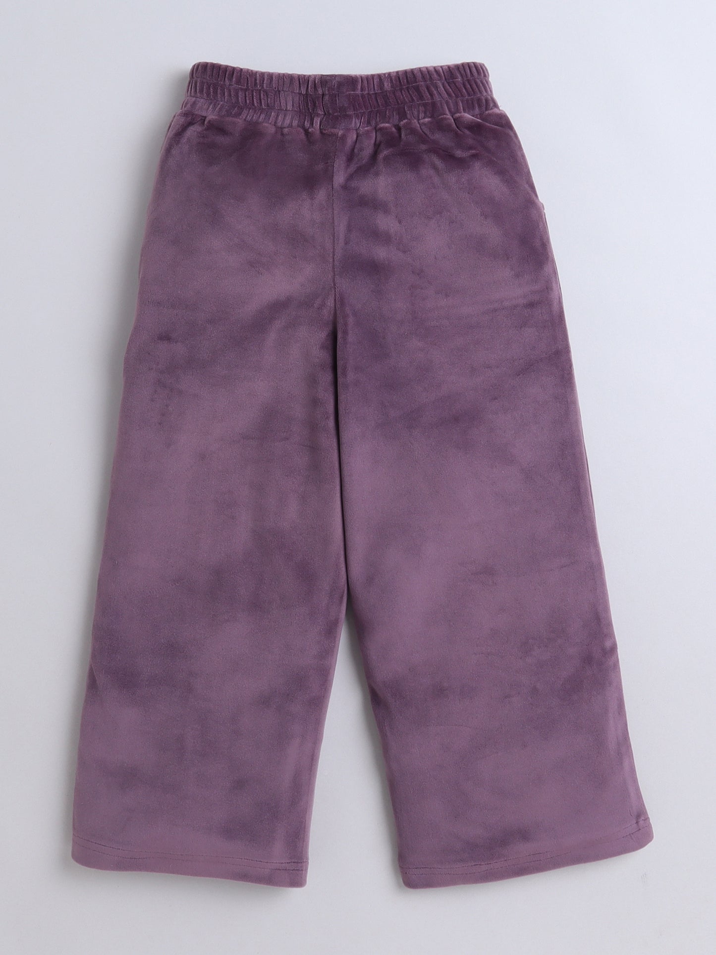 Velvet Full Sleeves Solid Crop Top & Pajama Set - Purple