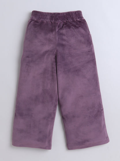 Velvet Full Sleeves Solid Crop Top & Pajama Set - Purple