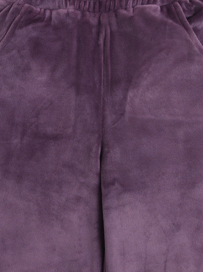 Velvet Full Sleeves Solid Crop Top & Pajama Set - Purple