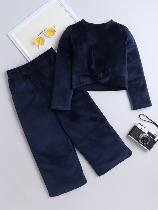 Velvet Full Sleeves Solid Crop Top & Pajama Set - Blue