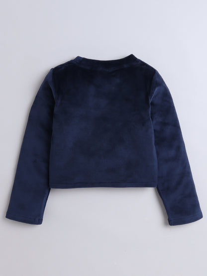 Velvet Full Sleeves Solid Crop Top & Pajama Set - Blue