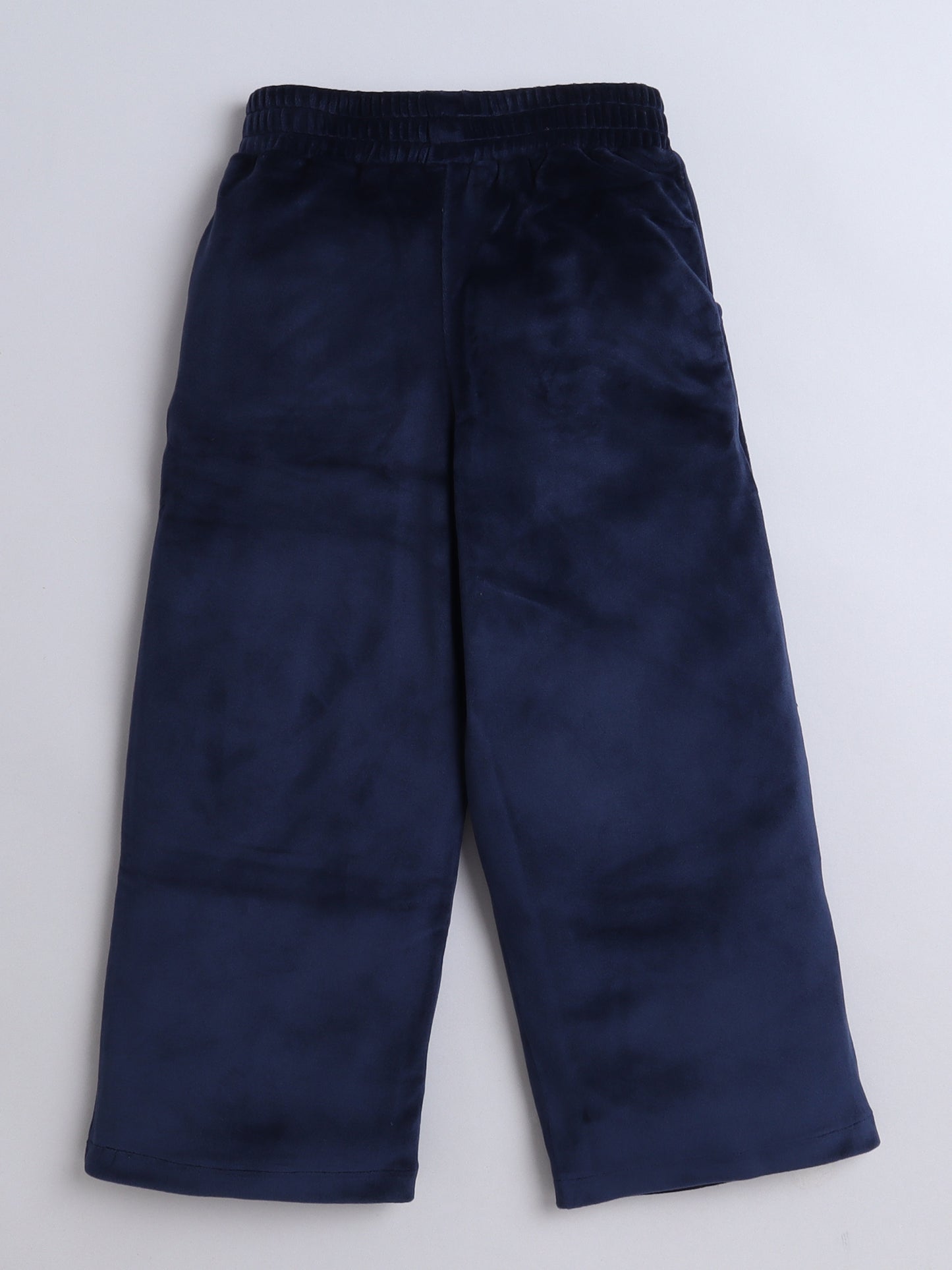 Velvet Full Sleeves Solid Crop Top & Pajama Set - Blue