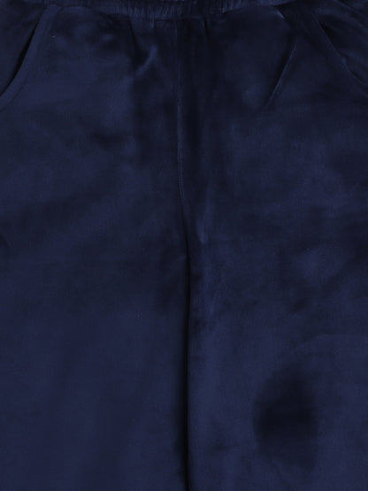 Velvet Full Sleeves Solid Crop Top & Pajama Set - Blue