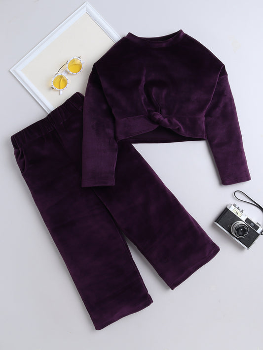 Velvet Full Sleeves Solid Crop Top & Pajama Set - Purple