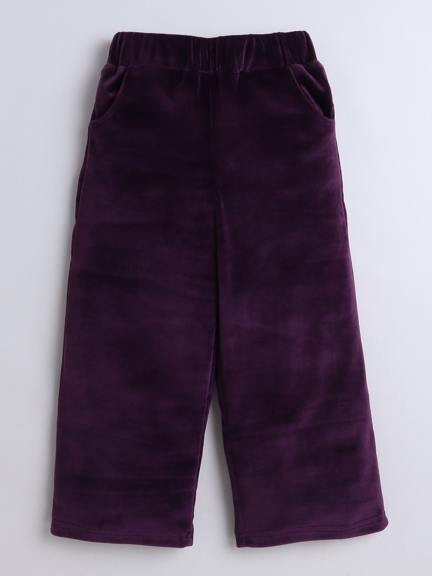 Velvet Full Sleeves Solid Crop Top & Pajama Set - Purple