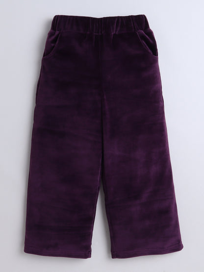 Velvet Full Sleeves Solid Crop Top & Pajama Set - Purple