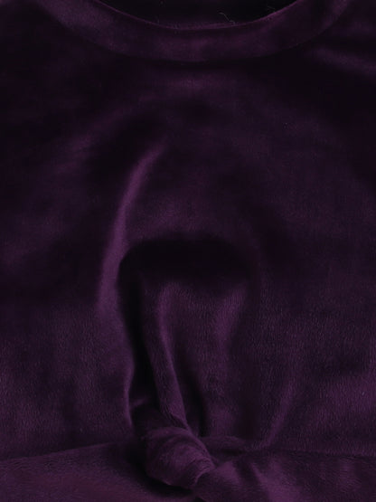 Velvet Full Sleeves Solid Crop Top & Pajama Set - Purple