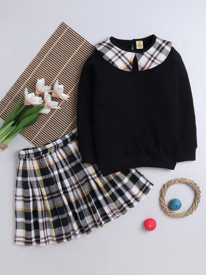 Cotton Terry Sweatshirt With Woolen Checked Skirt - Black