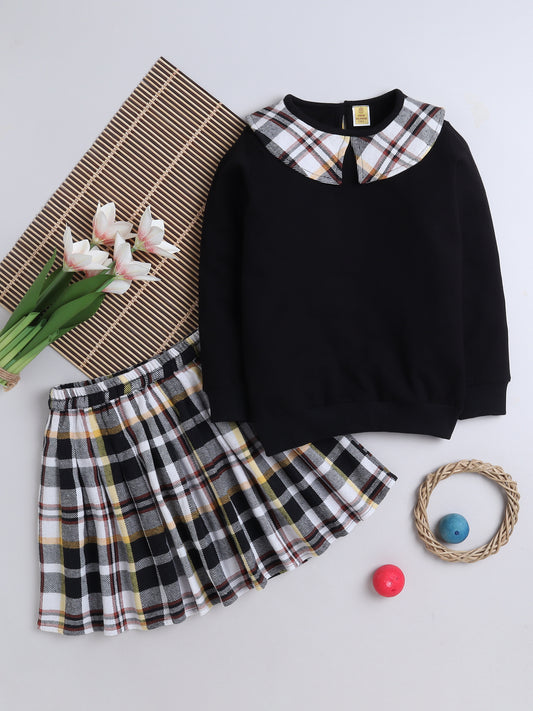 Cotton Terry Sweatshirt With Woolen Checked Skirt - Black